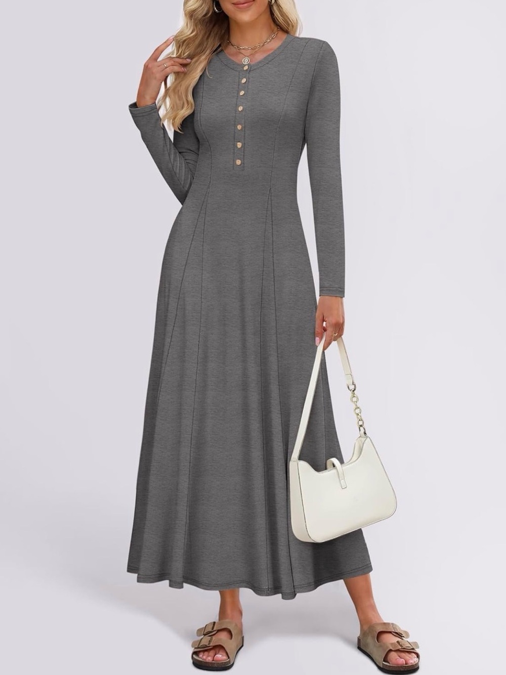 Long Sleeve Grey Maxi Dress with Button Front